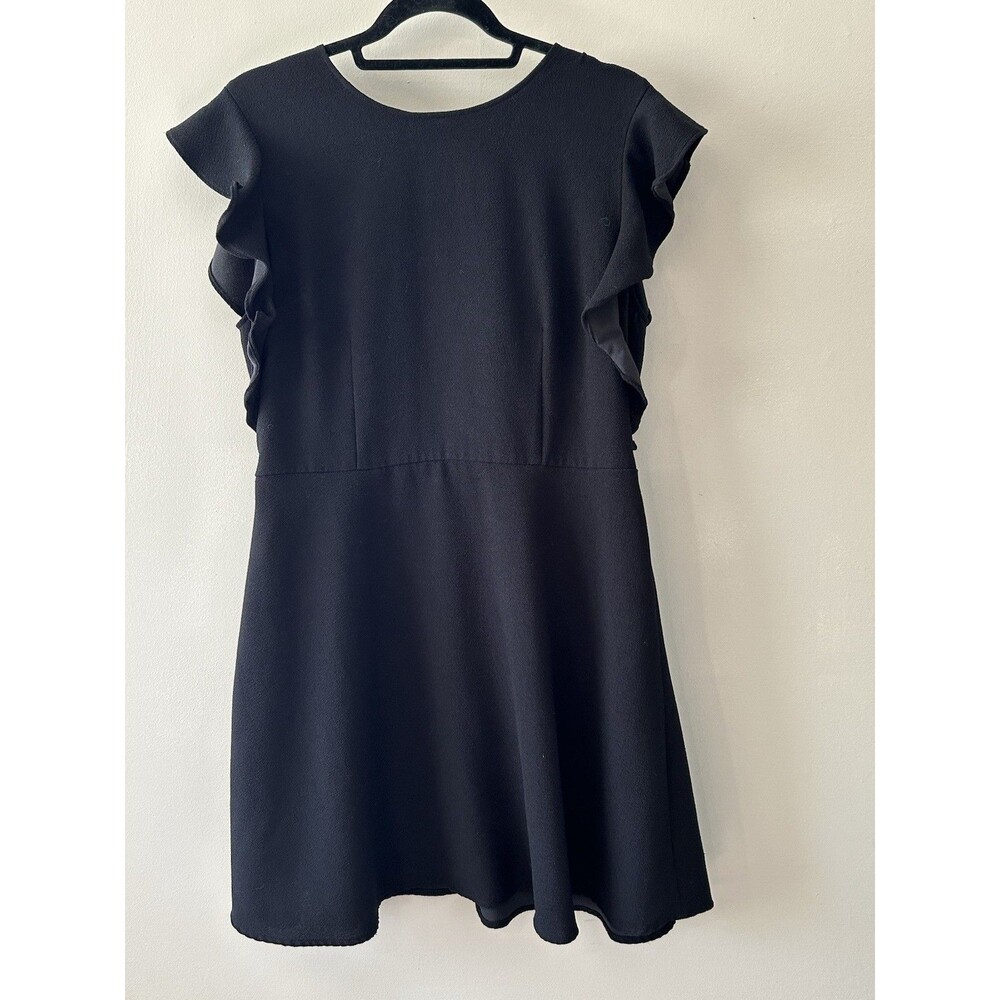 WHO WHAT WEAR Women's L Black Polyester Ruffle Sleeves Knee-Length Dress Classy
